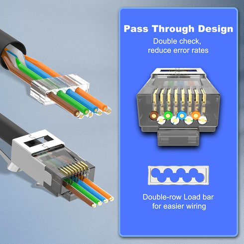 VCELINK CAT6A Connector - RJ45 Pass Through CAT6A CAT7 Shielded 30-Pack Gold Plated for 23AWG Cable