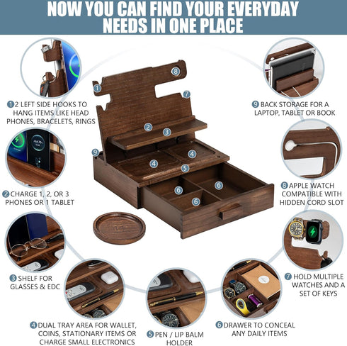 Wood Phone Docking Station for 3 Phones, Nightstand Organizer with Drawer for Valuables, Apple Watch Compatible