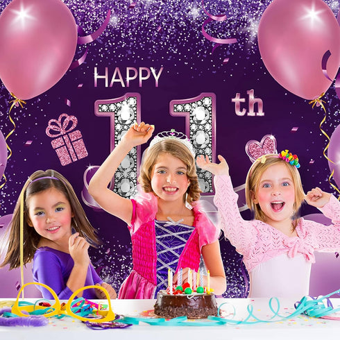 Happy Birthday Party Decorations, Large 72.8 x 43.3 Inch Fabric Backdrop for Girls Birthday Party, Pink Purple