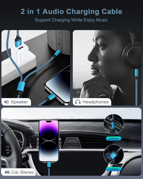iPhone Aux Cord for Car, 2 in 1 Lightning to 3.5mm Aux Cord for Car Home Stereo Speaker Headphone Charger Compatible