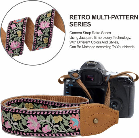 Padwa Lifestyle Embroidered Flower Camera Strap - 2" Wide Vintage Cowhide Strap for DSLR/SLR Cameras
