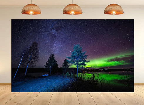 UPXIO 8x8ft Northern Lights Over Lake Backdrop Green Aurora Borealis and Starry Nordic