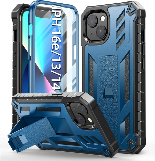 Protective Case for iPhone 13/14, Heavy Duty Military Grade Cover with Built-in Kickstand, Durable Dual-Layer Blue