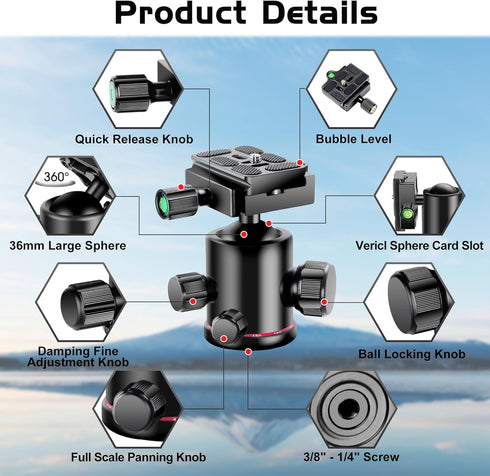 Manbily Ball Head Tripod Head - 360° Panoramic Monopod with Metal Aluminum Body, Extra Arca Swiss Plate, 17.6lbs Load