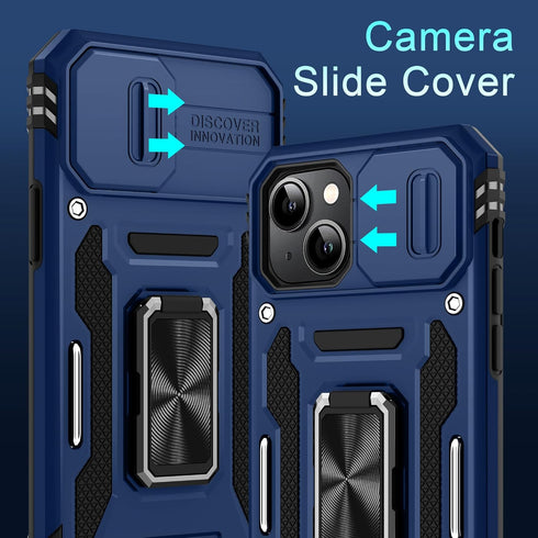 DEERLAMN iPhone 13/14 Case with Slide Camera Cover + Screen Protector (2 Packs), Navy Blue, Military Grade Shockproof