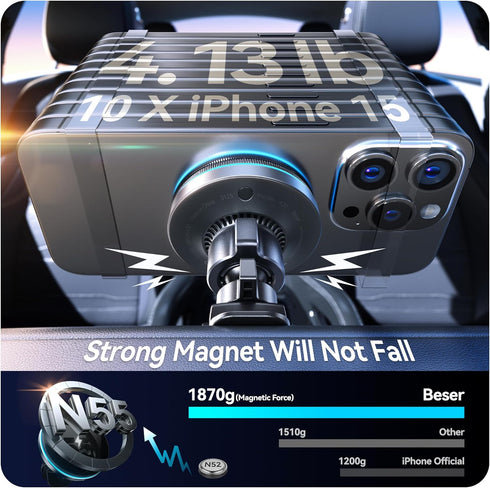 MagSafe Car Mount Charger, Large Magnetic (4.13 lbf), 15W QI Wireless Charger, Vent/Dashboard Phone Holder for iPhone
