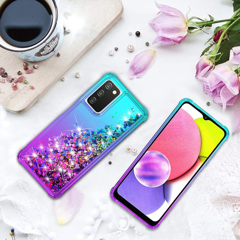 Gradient Quicksand Glitter Phone Case for Samsung Galaxy A03S, Durable Girls Cute Case with HD Screen Protector,