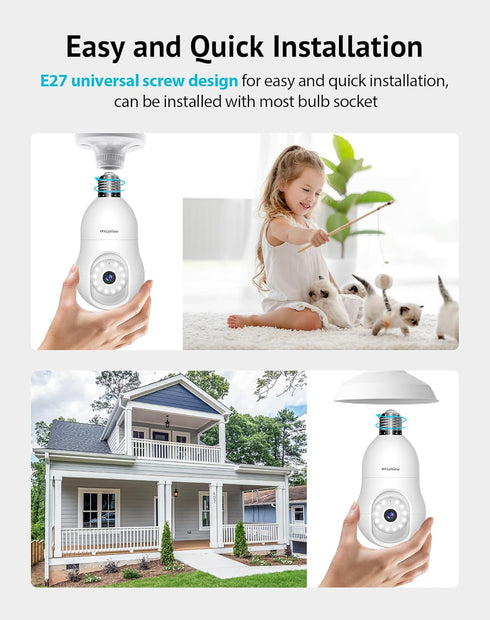 LaView 4MP Bulb Security Camera, 2.4GHz, 360° 2K Wireless Outdoor Indoor with Motion Detection and Audible Alarm