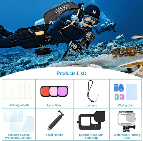 Accessories Kit for Gopro Hero 12 11 10 9, Waterproof Housing Case, Underwater Float Handle, Silicone Sleeve, Bundle Set