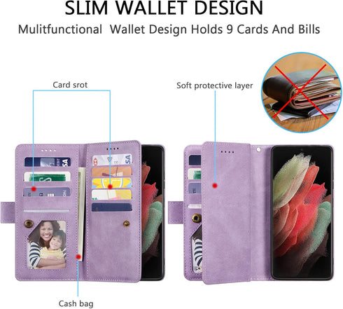 UEEBAI Wallet Case for Samsung Galaxy S21 Ultra 5G, Retro 9 Card Holder Slots, Zipper Pocket, Glitter Purple