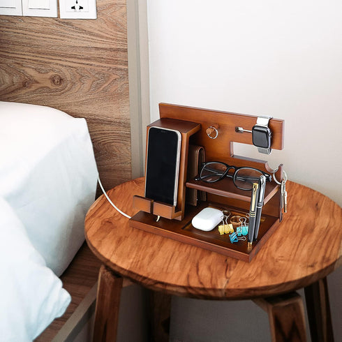 awofer Wood Phone Docking Station Nightstand Organizer for Men - Key Holder, Wallet Stand, iWatch Organizer