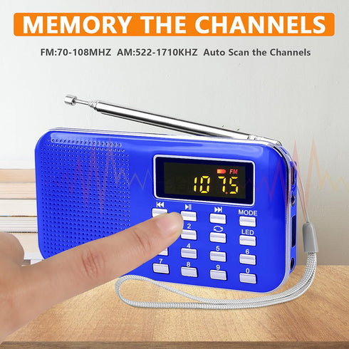 Leting Portable AM FM Radio with MP3 Speaker, Rechargeable Battery, Support Micro SD/TF Card/USB (Blue)