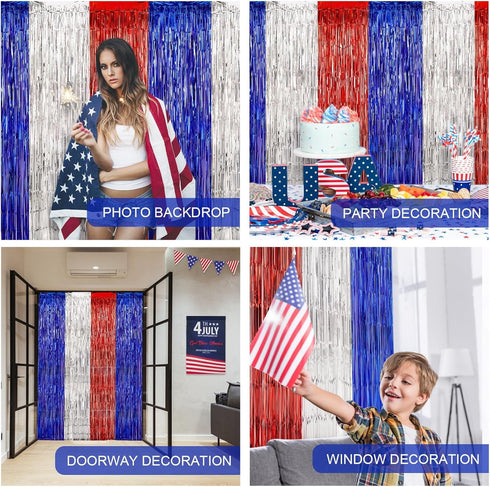 LOLStar 4th of July Decorations, 3 Pack Red White Blue Tinsel Foil Fringe Curtains, Photo Booth Prop Streamer Backdrop