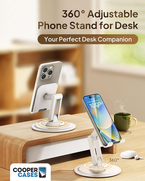 Cooper 360° Stand - Adjustable Cell Phone Stand for Desk | 360° Click-Rotating, Multi-Angle, Non-Slip Metal Base, Foldable & Portable | iPhone Stand for Desk, Cell Phone Stand Holder (Cream White)