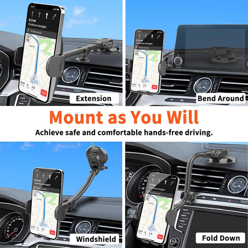 1Zero Solid Car Truck Phone Mount Holder, Thick Gooseneck Long Arm, Windshield Mobile Holders with Suction Cup