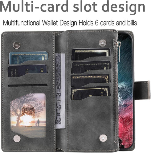 Asuwish Wallet Case for Samsung Galaxy S22 Ultra 5G - Grey Mandala Flower, Zipper Card Holder & Screen Protector.