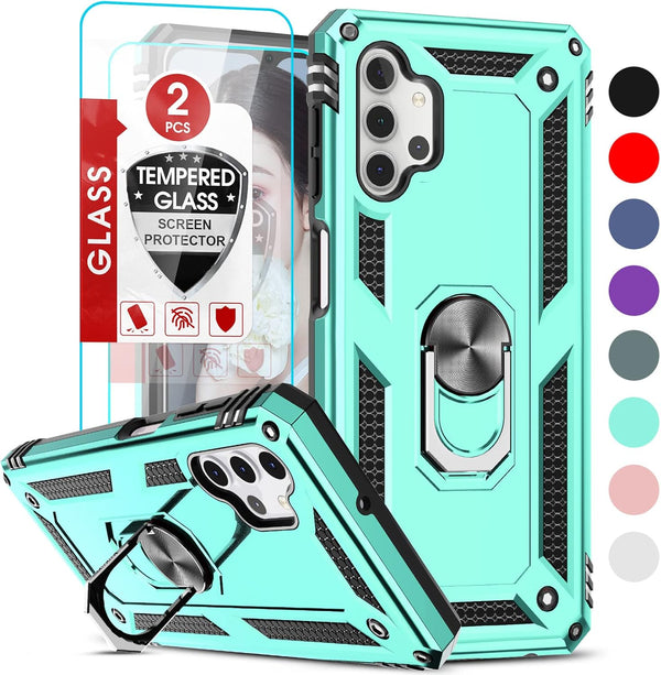 LeYi Samsung Galaxy A32 5G Case, Mint Military-Grade Kickstand Phone Case with 2 Pack Tempered Glass Protector