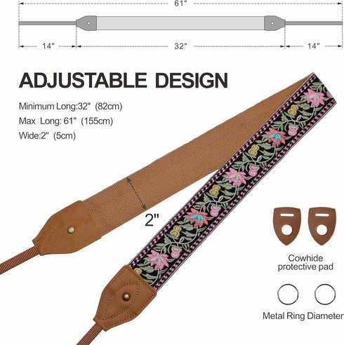 Padwa Lifestyle Embroidered Flower Camera Strap - 2" Wide Vintage Cowhide Strap for DSLR/SLR Cameras