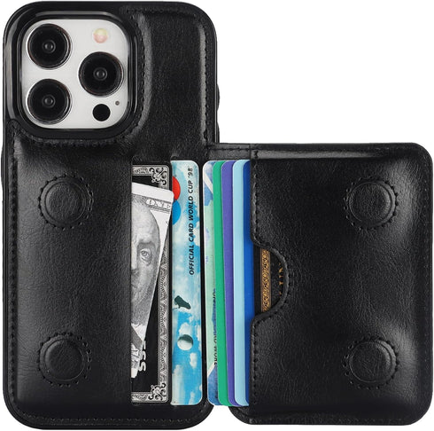 KIHUWEY iPhone 15 Pro Wallet Case with Credit Card Holder, Premium Leather Kickstand Flip Cover (Black)