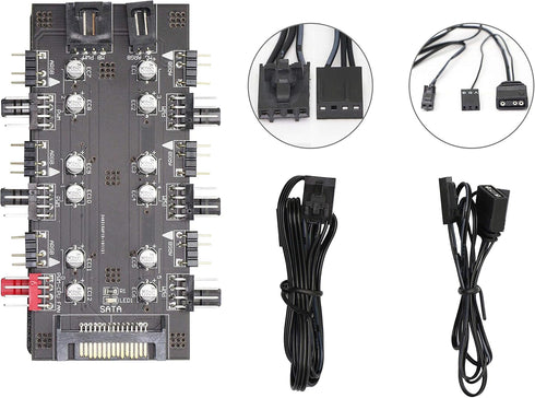 12V 4Pin PWM & 5V 3Pin ARGB with SATA 15Pin Power 2-in-1 Hub - 6 Way Sync CPU Cooling Fan Addressable RGB Lighting