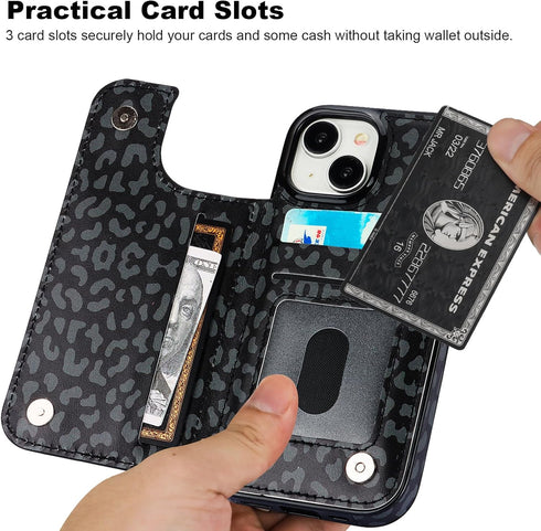 HAOPINSH Wallet Case for iPhone 15 with Card Holder, Black Leopard Cheetah Pattern Back Flip Folio Case