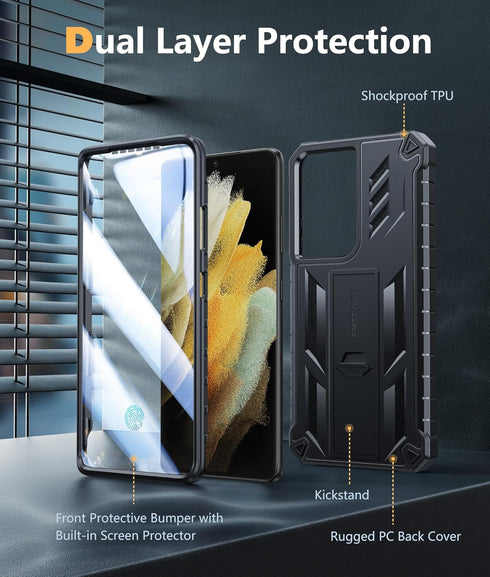 FNTCASE Samsung Galaxy S21 Ultra Case: Rugged Military Grade Shockproof TPU Cover with Kickstand, Matte Black, 6.8"