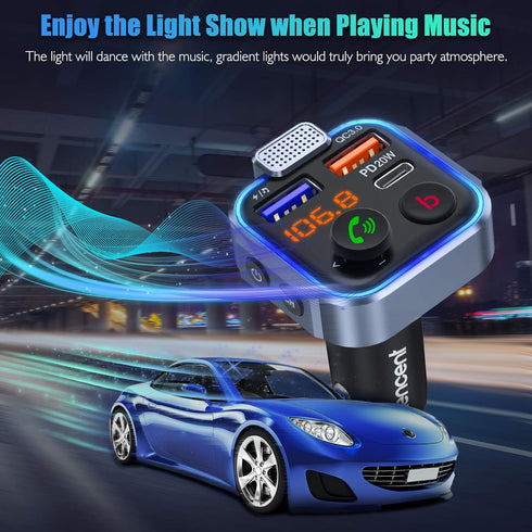 LENCENT Wireless Bluetooth 5.0 FM Transmitter Car Kit, Type-C PD 20W + QC3.0 Fast USB Charger, Hands-Free Calling, Hi