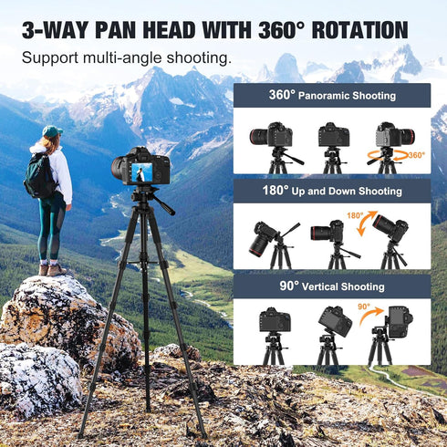 MoKo 70" Camera Tripod for iPad, iPhone, DSLR, SLR, with Travel Bag, Phone Holder, Wireless Remote, and Webcam