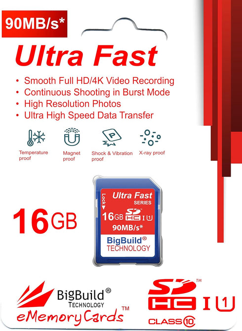 16GB Ultra Fast 90MB/s Memory Card for Canon Digital IXUS 185 Camera, Class 10 SD SDHC