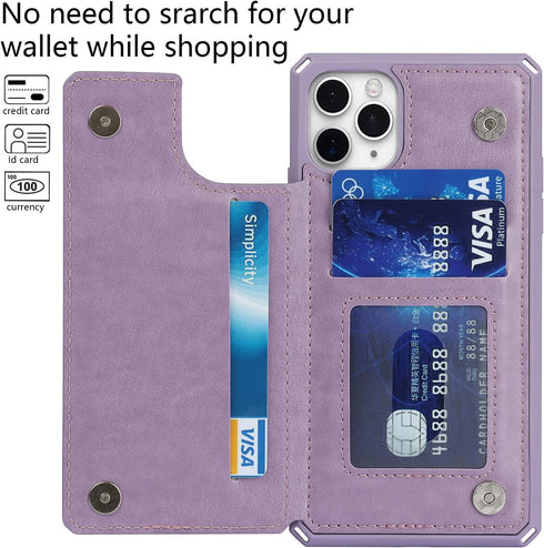 Cavor Card Holder Case for iPhone 11 Pro Max - PU Leather Shockproof Wallet with Credit Card Slots, Heart Purple