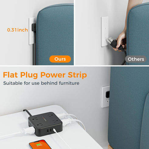 Long Extension Cord 25 FT, TESSAN Ultra Thin Flat Plug Power Strip with 8 AC Outlets and USB Charger