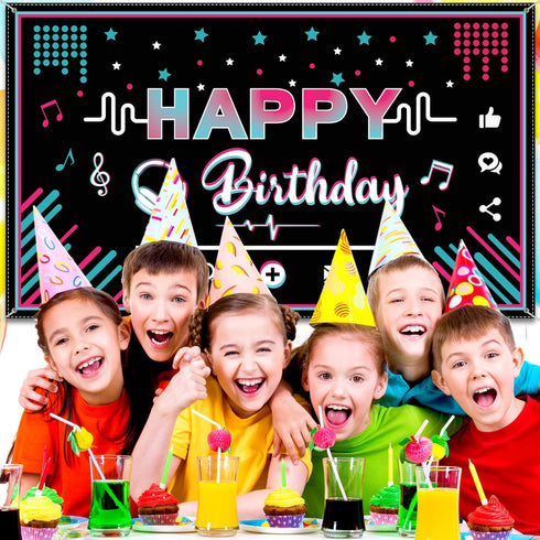 Music Happy Birthday Party Backdrop, Large Fabric Banner for Teens, 73 x 43 Inches