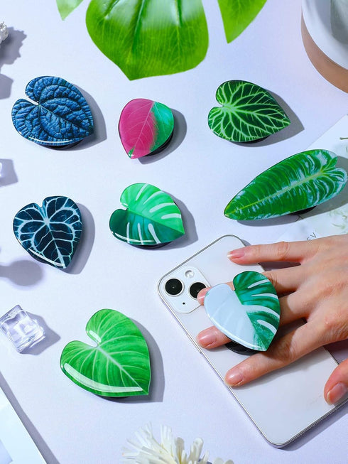 Macarrie 8 Pcs Tropical Leaves Phone Holder Green Plant Cell Phone Grip Holder Monstera Philodendron Anthurium Mobile