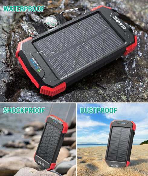 BLAVOR 10,000mAh Solar Charger Power Bank, Portable Wireless Charger with 20W Fast Charging, Dual Flashlight for Camping
