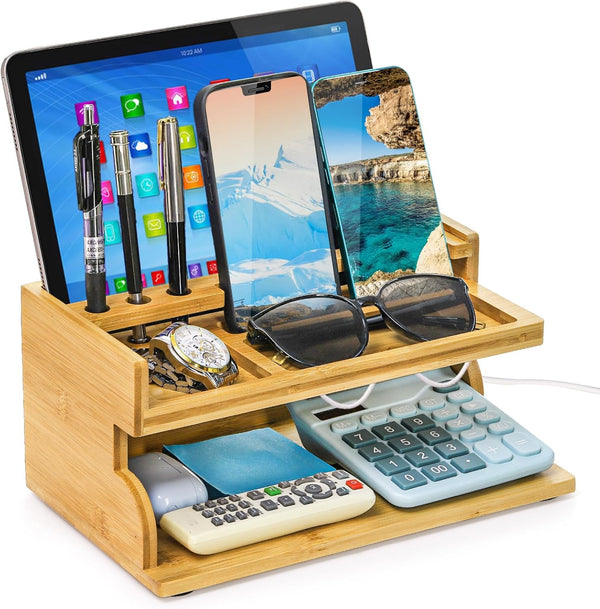 Yopay Nightstand Organizer for Men, Luxury Bamboo Phone Docking Station for Dad Husband,