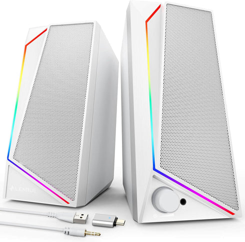 LENRUE Computer Speakers, USB/USB-C Powered with Loud Stereo Sound, Headphone-in for Desktop, Laptop (Adapter Included)