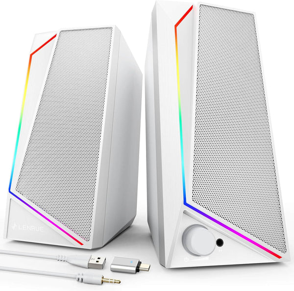 LENRUE Computer Speakers, USB/USB-C Powered with Loud Stereo Sound, Headphone-in for Desktop, Laptop (Adapter Included)