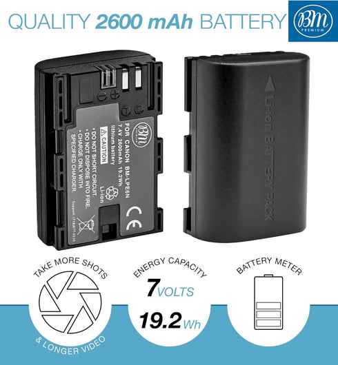BM Premium LP-E6N Battery for Canon EOS R, R5, 90D, 60D, 70D, 80D, 5D II, 5D III, 5D IV, 5Ds, 6D, 6D II, 7D, 7D Mark