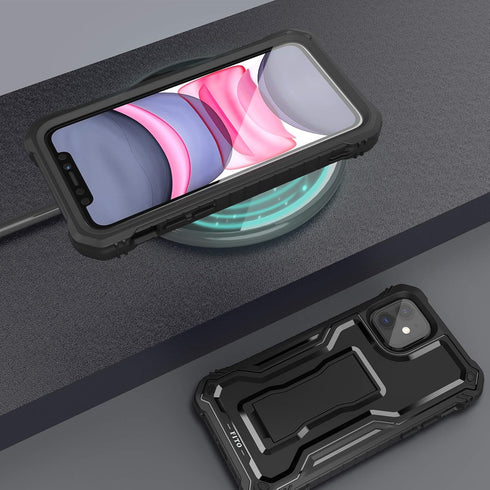 FITO Dual Layer Shockproof Case for iPhone 11 and iPhone XR, with Screen Protector and Built-in Kickstand (Black)