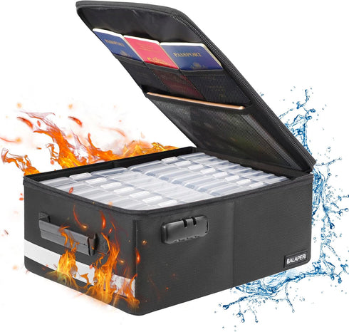 Photo Organizer Box with Lock, Fireproof Storage Box with 16 Clear Photo Cases, Portable with Handle