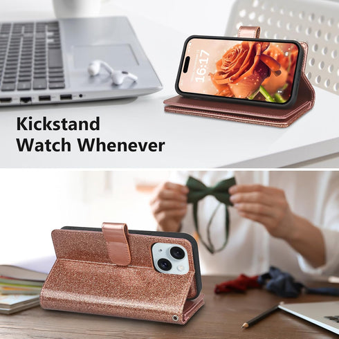 Varikke Detachable Wallet Case for iPhone 13 with 9-Card Holder for Women, Glitter PU Leather, Rose Gold