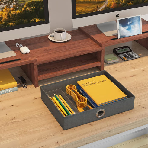 2 WESTREE Dual Monitor Stand Riser with Drawer - Adjustable Length and Angle, Phone Hold, Desktop Organizer