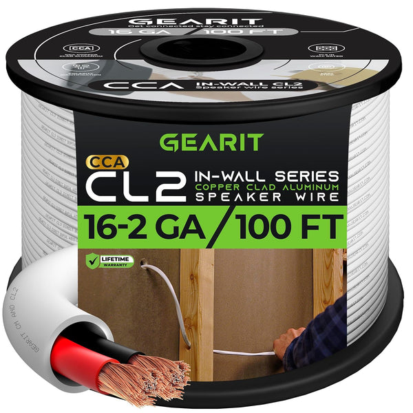GearIT 16/2 Speaker Wire (100 Feet) 16 Gauge Copper Clad Aluminum, Fire Safety in Wall Rated Audio Cable