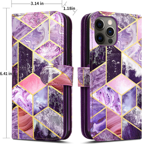 CASEOWL iPhone 13 Pro Max Wallet Case, Magnetic Detachable Leather Flip with 9 Card Holder, Strap, Marble Purple