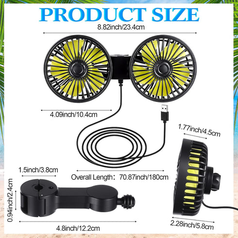 Tujoe 2 12v 360 Pcs Dual Car Seat Fans for Portable USB Backseat Cooling Headrest Degree Rotatable Fan Powerful