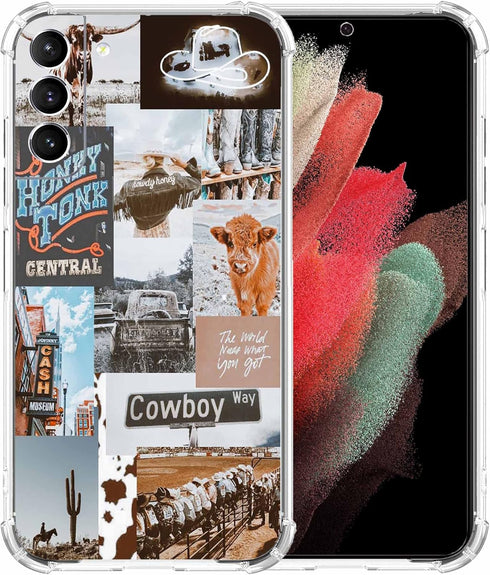 Cowboy Case for Galaxy S21, Retro Western Country Cowgirl Life Art Collage Phone Case for Boys Men Women, Trendy Soft