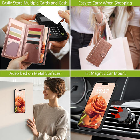 Varikke Wallet Case for iPhone 13 Pro Max, Fashion Glitter PU Leather Strap, Magnetic Flip Cover, Rose Gold
