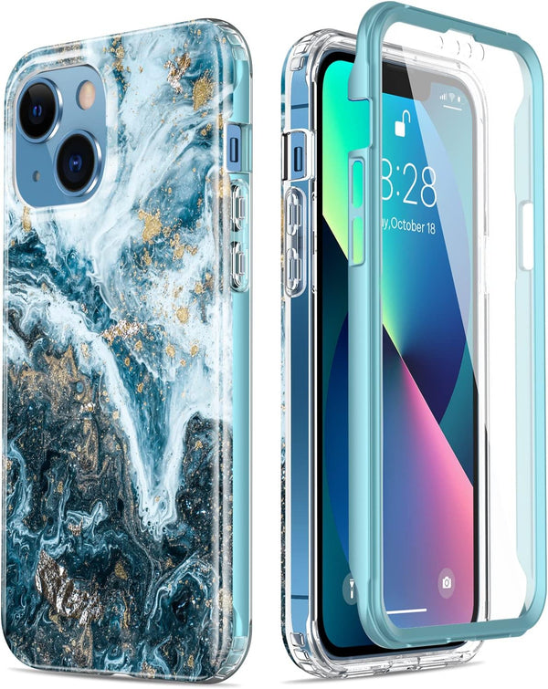 Esdot for iPhone 13 Case Opal Marble Teal - Built-in Screen Protector, Military Grade Rugged Cover for Women Girls, 6.1"