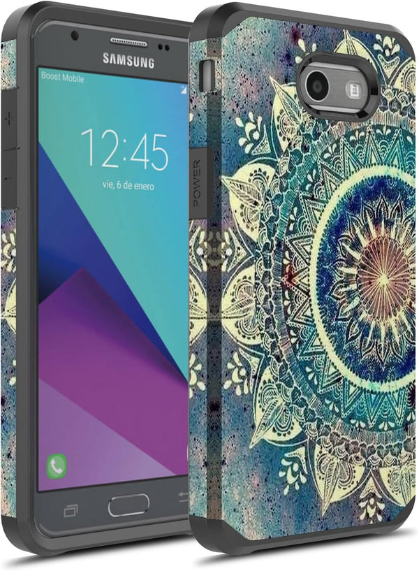 Rosebono Dual Layer Shockproof Hard Cover Graphic Case for Galaxy J7, Green Mandala