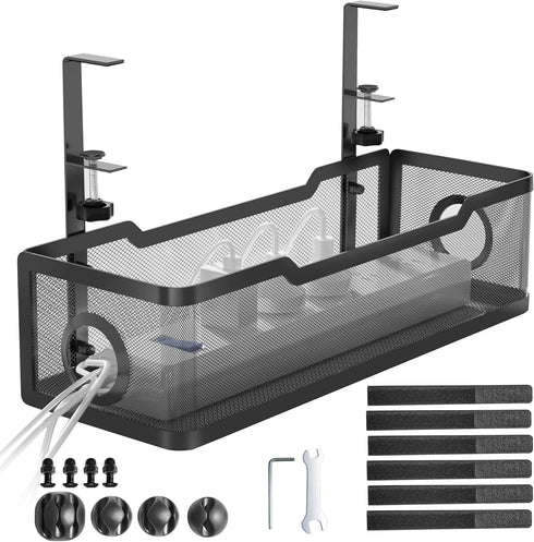 Under Desk Cable Management Tray Black, Cinati Cable Tray with Clamp for Desk Wire Management, No Damage